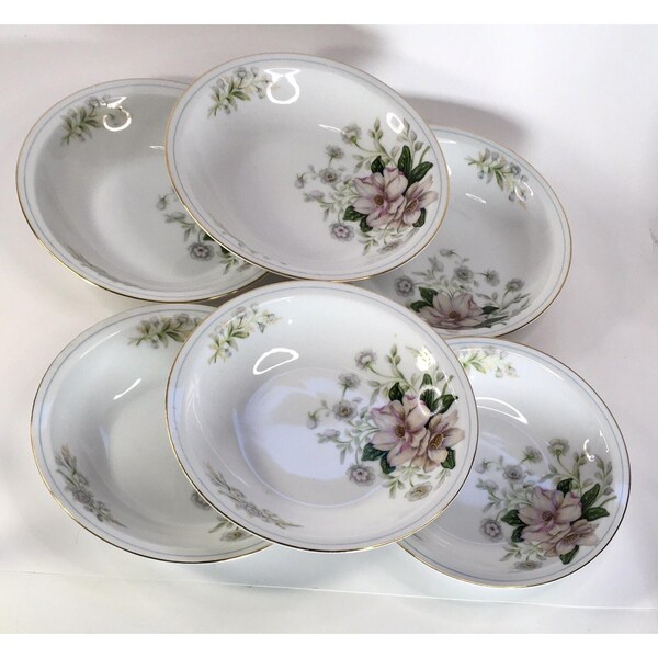 Set Of Six Soup Pasta Bowls By Rochelle Grace China Japan Floral Gold Trim
