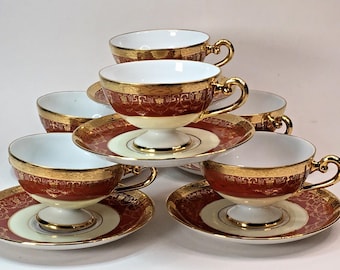 1950 Bohemia Czechoslovakia Courting Couple 24K Gold Encrusted Red Tone Set Of 6 Cup And Saucer Set