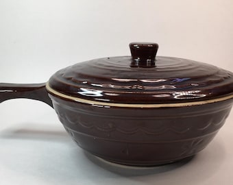 Vintage 50s Mar-Crest Daisy & Dot French Handled Casserole Brown Stoneware