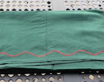 Holiday Forest Green Cotton Fabric Tablecloth Red Embroidered Trim XL 120"x 64"