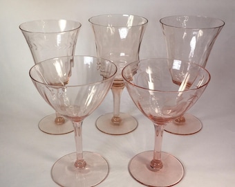 Vintage Pink Depression Glass Stemware 5 Piece Mix &Match Wine Champagne Glasses
