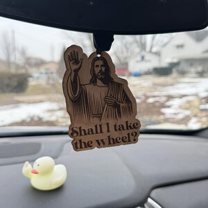 Funny Jesus Take the Wheel Birch Wood Car Charm, Rearview Mirror Decor image 1