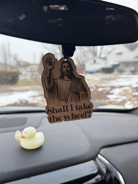 Funny Jesus Take the Wheel Birch Wood Car Charm, Rearview Mirror Decor