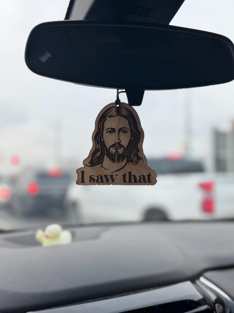 Funny Jesus Take the Wheel Birch Wood Car Charm, Rearview Mirror Decor image 3