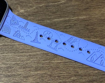 Smart Watch Band for Series 1 2 3 4 5 6 7 8 9 & SE, Jetset Travel Journey Adventure Engraved Silicone Tie Dye Watch Strap 38mm 40mm 42mm 44m