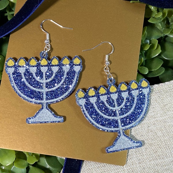 Menorah Glitter Earrings - Hanukkah Earrings - Holiday Earrings - Chanukah Earrings - Hanukah Jewelry - Festive Jewelry