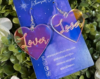 Custom Iridescent Acrylic Lover Heart Earrings - Eras Earrings - Heart Jewelry - love Jewelry - Iridescent Gift  - Rainbow Heart - Lover