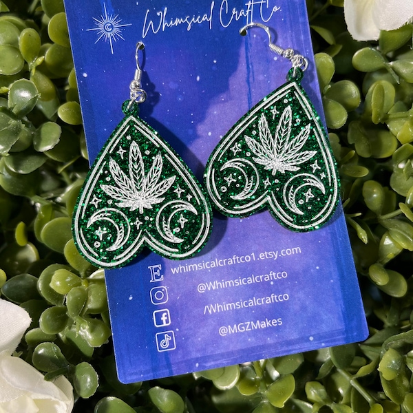 Cannabis Planchet Glitter Earrings - Weed Earrings - Marijuana Earrings - Plant Nature Earrings - 420 Jewelry - Green Jewelry - Magical High