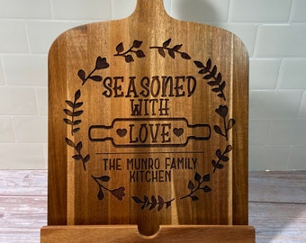 Personalized Wooden Recipe Book Holder, Wood Cookbook Stand, Custom Kitchen Tablet Stand, Mother’s Day Decor Gift