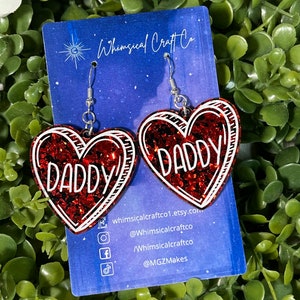 Daddy Tattoo Heart Earrings - Valentines Day Earrings - valentines Jewelry - Acrylic Candy Heart Earring - kink Earrings - Sex Positive