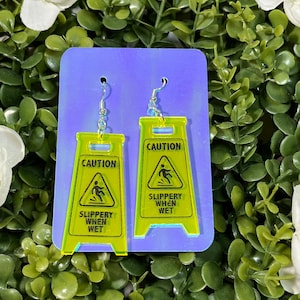 Caution Wet Floor sign Safety Kitsch Earrings Florescent Safety Earrings Slippery when Wet Earrings Drag Jewelry Kitsch Jewelry funny