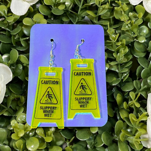 Caution Wet Floor sign Safety Kitsch Earrings - Florescent Safety Earrings - Slippery when Wet Earrings - Drag Jewelry - Kitsch Jewelry