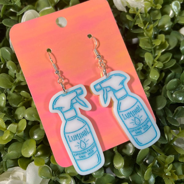 True Crime TGI for Luminol Earrings - Spray Bottle Earrings - Halloween Earrings - True Crime Earrings - Murder Earrings - Spooky Jewelry