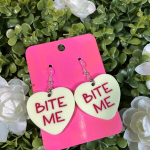 Bite Me Snarky Conversation Heart Earrings - Valentines Day Sweetheart Candy Earrings - valentines Jewelry - Acrylic Candy Heart Earrings