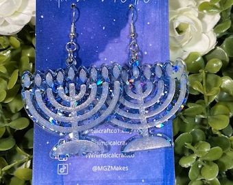 Hanukkah Menorah Glitter Earrings - Hanukkah Earrings - Holiday Earrings - Chanukah Earrings - Hanukah Jewelry - Festive Jewelry