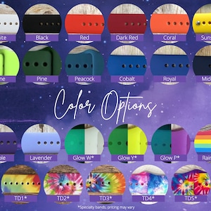 May include: A variety of watch bands in various colors, including white, black, red, and rainbow. The image displays the color options available, with labels such as "Color Options" and "TD1*" to "TD5*".