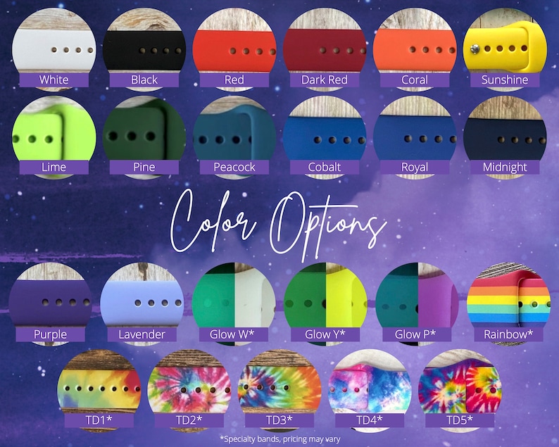 May include: A variety of watch bands in various colors, including white, black, red, and rainbow. The image displays the color options available, with labels such as "Color Options" and "TD1*" to "TD5*".