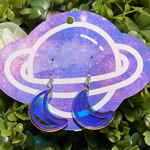Custom Iridescent Acrylic Crescent Moon Earrings - Iridescent Jewelry - Space Jewelry - Bridesmaid Gift - Celestial Earrings