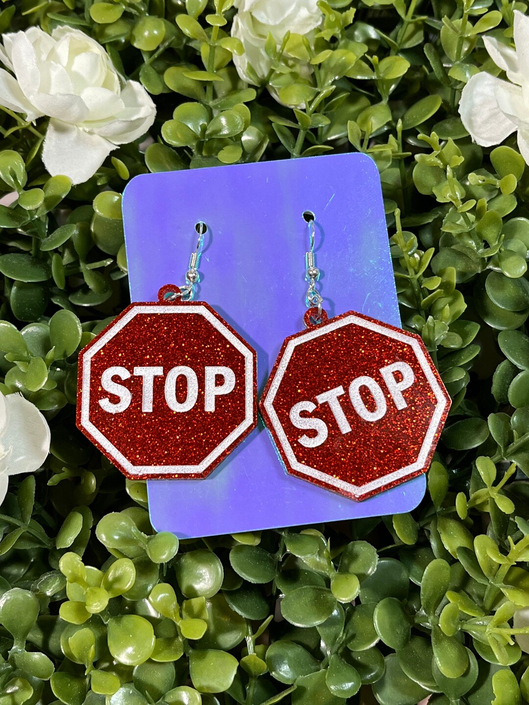 Stop Sign Kitsch Red Glitter Earrings Safety Earrings Car Earrings Road