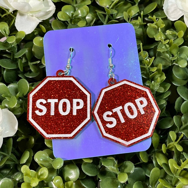 Stop Sign Kitsch Red Glitter Earrings - Safety Earrings - Car Earrings - Road Sign Earrings - Drag Jewelry - Kitsch Jewelry - Sparkly Sign