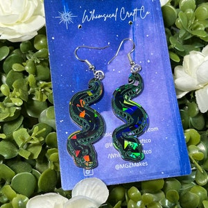 Custom Rainbow Holographic Shard Acrylic Black Snake Earrings - Eras Earrings - Snake Jewelry - Holographic Jewelry - Familiar Witch Earring