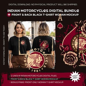 May include: Black t-shirt mockup featuring front and back views. The front displays a circular logo with an Indian head, while the back showcases a playing card design with roses. The text reads "INDIAN MOTORCYCLES DIGITAL BUNDLE".