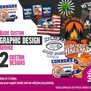 May include: A graphic design service offering two custom designs. The image features a variety of designs, including a car, a campfire, a football, and a graduation cap. The text "Basic Custom Graphic Design Service" and "2 Custom Designs" is displayed on the image.