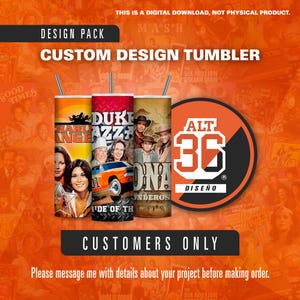 May include: A design pack featuring three custom design tumblers with images from classic TV shows. The tumblers have stainless steel straws. The text on the tumblers includes "Charlie's Angels", "The Dukes of Hazzard", and "Bonanza". The background is orange.