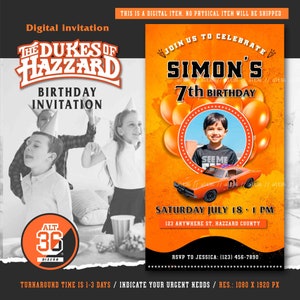 Dukes of Hazzard Birthday Invitation, Digital Invitation, Invitation with Photo, General Lee car, Happy Birthday