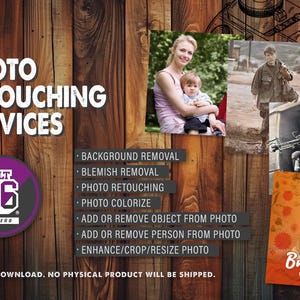Puede incluir: Un servicio de retoque fotográfico descargable digitalmente, que incluye la eliminación de fondo, la eliminación de imperfecciones, el retoque fotográfico, la colorización, la adición o eliminación de objetos o personas, así como la mejora, el recorte o el cambio de tamaño de las fotos. El logotipo del servicio es un círculo morado con el texto "ALT 36 DISEÑO".
