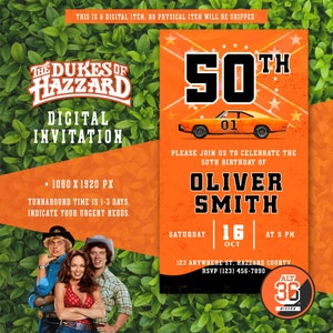 Digitale Einladung zum 50. Geburtstag, Dukes of Hazzard, elektronische digitale Einladung zur Geburtstagsfeier, Happy Birthday to You