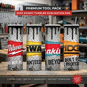 Puede incluir: Cuatro vasos delgados de 590 ml con un diseño temático de herramientas. Cada vaso presenta el logotipo de una marca de herramientas diferente: Milwaukee, Dewalt, Makita e IDG. El diseño incluye un fondo de placa de diamante, efecto de papel rasgado y goteos de pintura negra.
