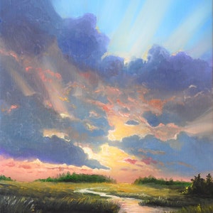 Original sunset sky with stream landscape oil painting, printed on stretched canvas - ready for your wall