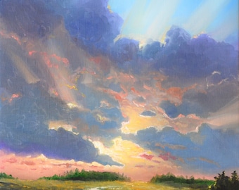 Original oil painting of summer evening sunset sky 15x15 cm