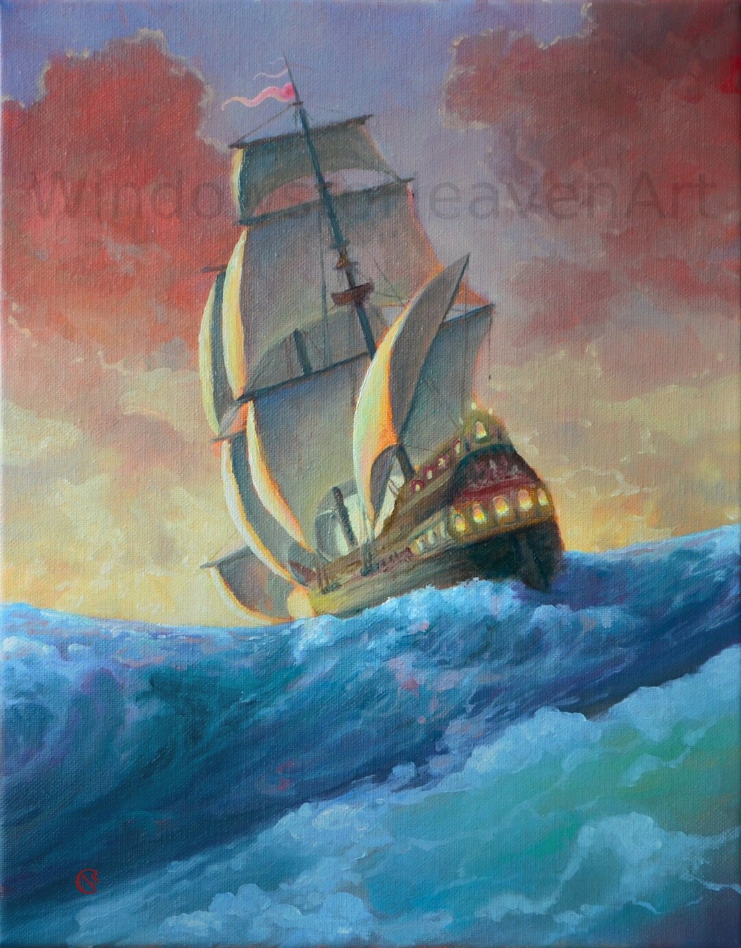 Original, Heavenly Ship Sailing Into the Sunset Oil Seascape Painting ...
