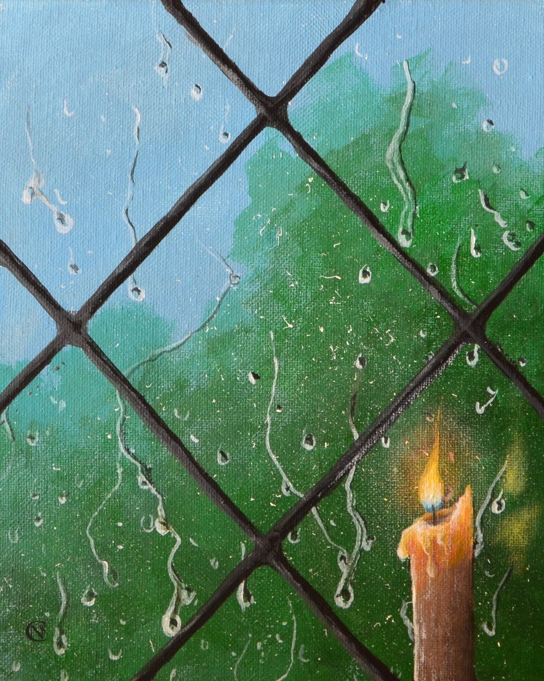 Original Acrylic Candle in the Window Painting With Rain, Printed on