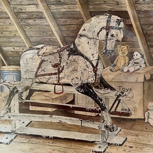 May include: A white wooden rocking horse with a red saddle and black hooves sits in an attic with boxes labeled "Toys" and "Clothes".  There are also a teddy bear and two dolls in the attic.