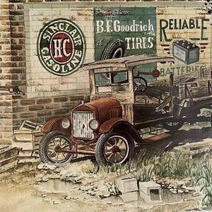 May include: A vintage red truck with a wooden bed parked in front of a brick building with three signs. The signs advertise Sinclair HC Gasoline, B.F. Goodrich Tires, and Reliable Batteries.