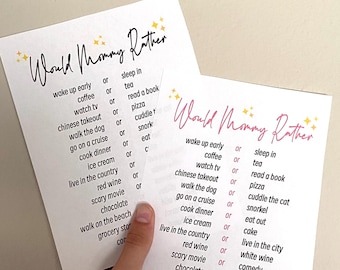 Juego para baby shower: ¿Qué preferiría mamá? – Descarga imprimible