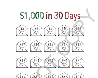 DESAFÍO DE AHORRO EN SOBRES - Desafío de ahorro en sobres imprimible Ahorros de dinero fáciles Seguimiento financiero fácil - Ahorre 1000 en 30 días