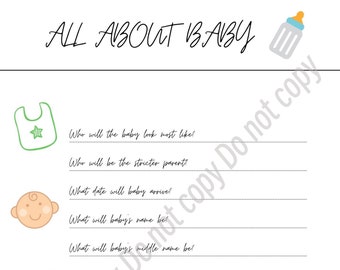 Juego imprimible "Todo sobre el baby shower" (descarga digital)