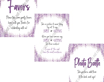 Letreros de flores moradas para despedida de soltera: fotomatón, recuerdos, juego de collares (descarga digital)