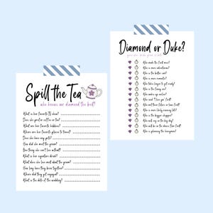 Pode incluir: Dois cart&otilde;es de jogo de despedida de solteira imprim&iacute;veis. O primeiro cart&atilde;o &eacute; intitulado "Spill the Tea" e apresenta um bule de ch&aacute; roxo com um design floral. O cart&atilde;o tem uma lista de perguntas sobre a noiva. O segundo cart&atilde;o &eacute; intitulado "Diamond or Duke?" e apresenta um diamante roxo e uma coroa roxa. O cart&atilde;o tem uma lista de perguntas sobre a noiva e o noivo.