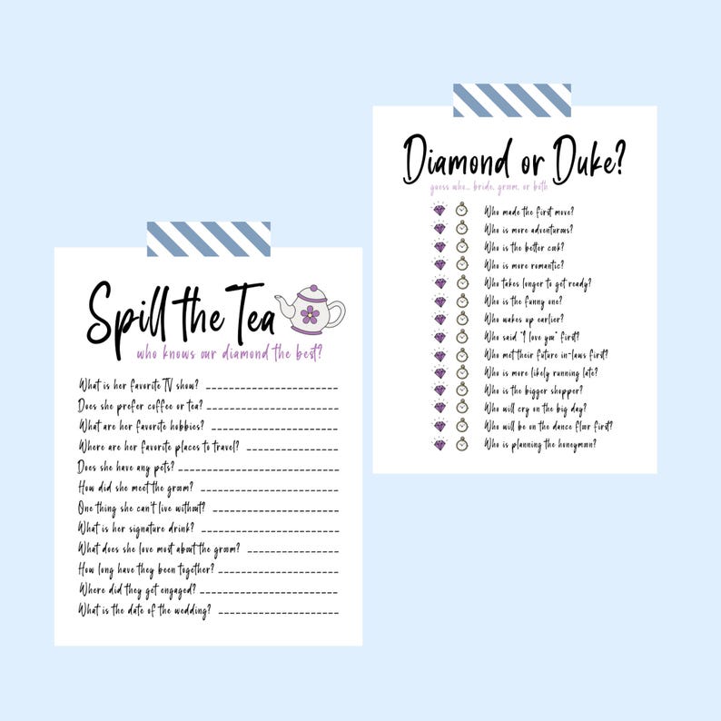 Pode incluir: Dois cart&otilde;es de jogo de despedida de solteira imprim&iacute;veis. O primeiro cart&atilde;o &eacute; intitulado "Spill the Tea" e apresenta um bule de ch&aacute; roxo com um design floral. O cart&atilde;o tem uma lista de perguntas sobre a noiva. O segundo cart&atilde;o &eacute; intitulado "Diamond or Duke?" e apresenta um diamante roxo e uma coroa roxa. O cart&atilde;o tem uma lista de perguntas sobre a noiva e o noivo.