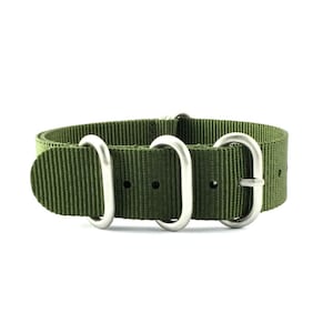 Pulseira de relógio de nylon verde premium com 5 anéis - Aço escovado / Ferragens em PVD preto - 20 mm / 22 mm