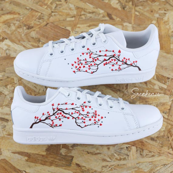 Custom Stan Smith - Custom Shoes - Hand Painted - Traditional Japanese Sakura Cherry Blossom Red Design