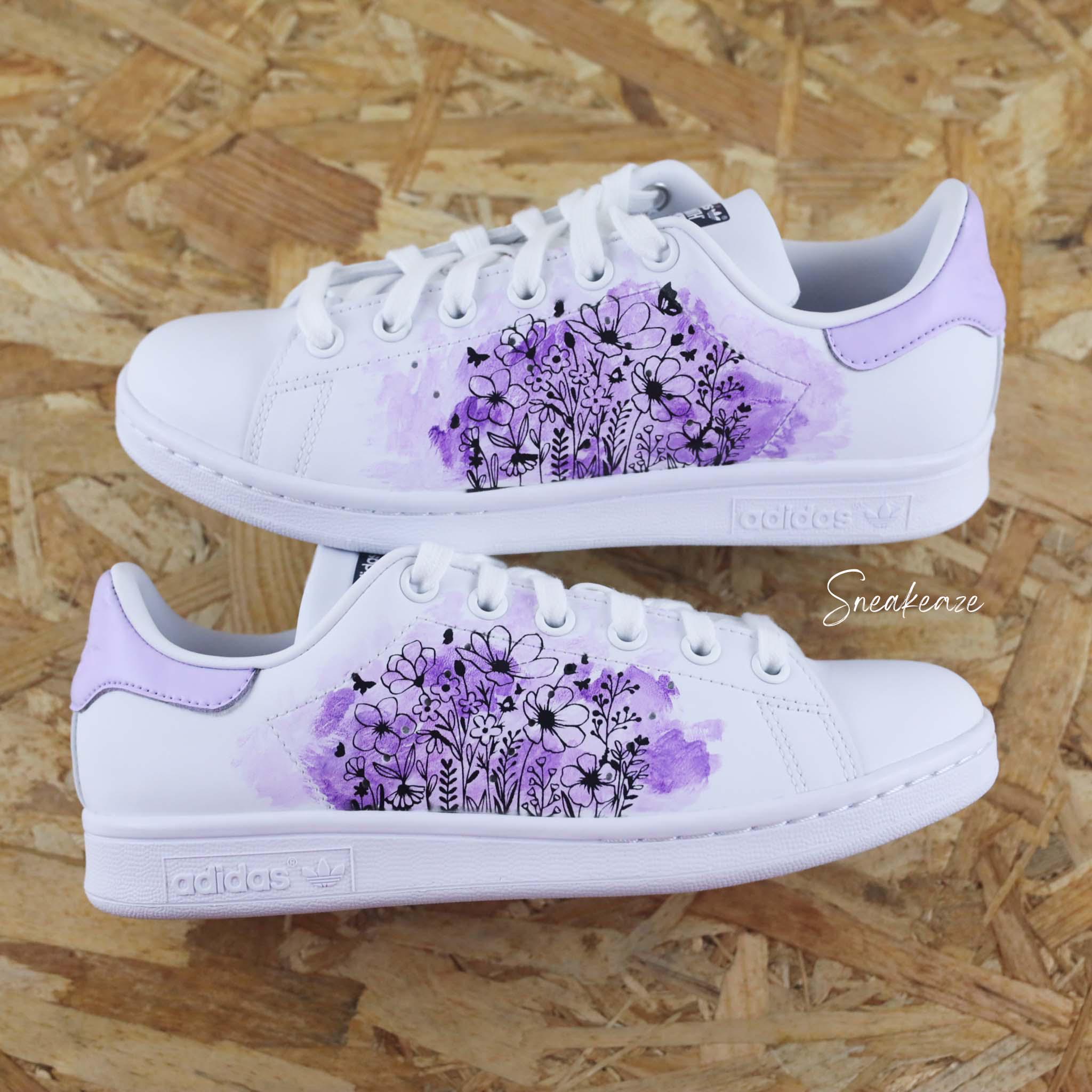Stan Smith Custom Country Flowers and Pastel Purple Watercolor Unisex Custom Sneakers