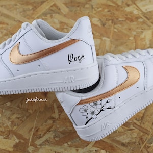 Air Force 1 Custom Personalized Sneakers in Metallic Bronze Color with Sakura Flower Design and Name Unisex