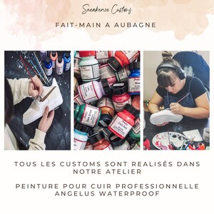 May include: A close-up of a variety of paint bottles in different colors, including red, blue, green, and white. The bottles are labeled with the brand name "Angelus" and the words "Acrylic Leather Paint". The text "FAIT-MAIN A AUBAGNE" is visible at the top of the image.