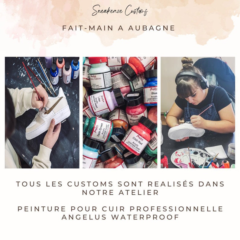 May include: A close-up of a variety of paint bottles in different colors, including red, blue, green, and white. The bottles are labeled with the brand name "Angelus" and the words "Acrylic Leather Paint". The text "FAIT-MAIN A AUBAGNE" is visible at the top of the image.